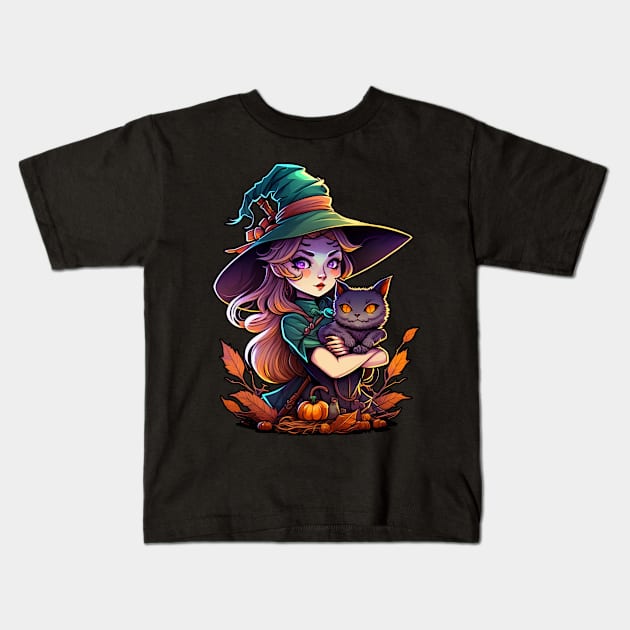 Witch and her Cat Kids T-Shirt by RichieDuprey